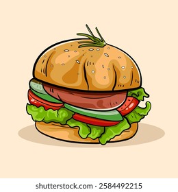 Hand drawn tasty burger fast food or hamburger and cheesburger With bacon, cheese, salad, tomatoes, cucumbera for ealthy restaurant menu isolated elements.