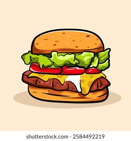 Hand drawn tasty burger fast food or hamburger and cheesburger With bacon, cheese, salad, tomatoes, cucumbera for ealthy restaurant menu isolated elements.