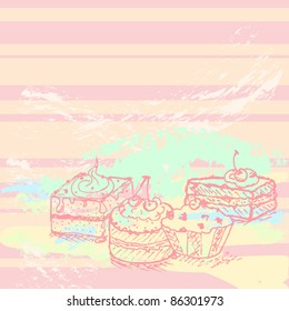 hand drawn tasty cakes background, created as very artistic painterly