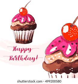 Hand drawn of tasty Cupcake.
Happy birthday. Watercolor vector illustration.
