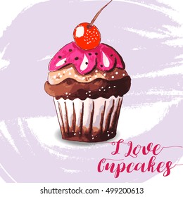 Hand drawn of tasty Cupcake.
Watercolor vector illustration.
