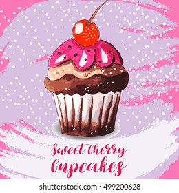 Hand drawn of tasty Cupcake.
Watercolor vector illustration.
