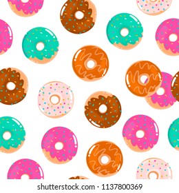 Hand drawn tasty donuts. Colored vector seamless pattern