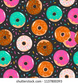Hand drawn tasty donuts. Colored vector seamless pattern. Black background