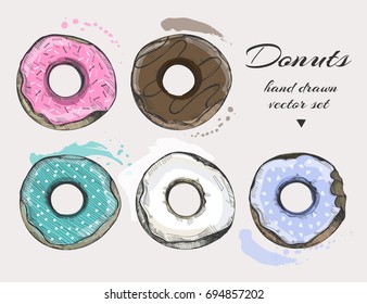 Hand drawn tasty donuts. Colored graphic vector set. All elements are isolated