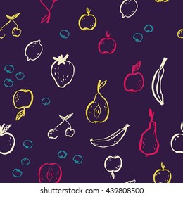 Hand drawn tasty Fruits seamless pattern. Vector abstract texture with apple, banana, berries, pear, lemon and cherry. Healthy food background