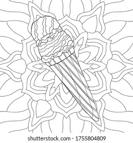 Hand drawn tasty ice cream with decorative mandala background on white. Isolated summer illustration. For coloring book pages.