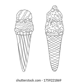Hand drawn tasty ice creams in a waffle cone with cherries and topping on white isolated background. Summer food illustration. For coloring book pages.
