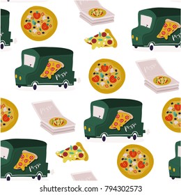 Hand drawn tasty pizza and food truck. Hand drawn vector seamless pattern