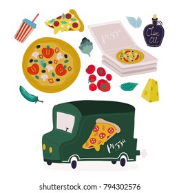 Hand drawn tasty pizza, food truck and various ingredients. Hand drawn vector set. All elements are isolated