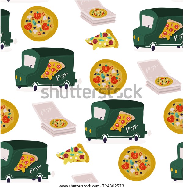 Hand drawn tasty pizza and food truck. Hand drawn\
vector seamless pattern