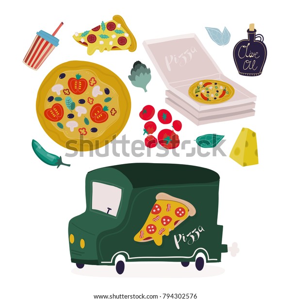 Hand drawn tasty\
pizza, food truck and various ingredients. Hand drawn vector set.\
All elements are isolated