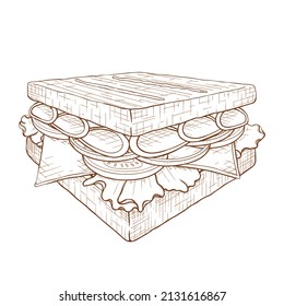 Hand drawn tasty sandwich. Isolated on white. Monochrome vector illustration