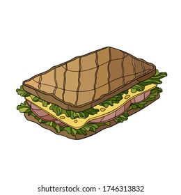 Hand drawn tasty sandwich with lettuce, cheese and meat on white isolated background. Food lunch illustration. Suitable for menu design, cover, card, poster.