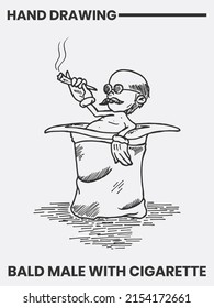 Hand drawn tattoo design of bald man in magic hat with cigarette