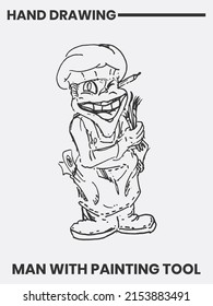 Hand drawn tattoo design concept with man smiling broadly and painting tools in hand