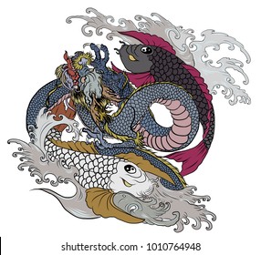 Hand drawn and tattoo design dragon roaring among two koi carp fish.Dragon and koi fish fighting and water splash.doodle art and zentangle style.koi carp swiming in circle look like Yin-Yang symbol.