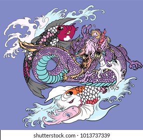 Hand drawn and tattoo design dragon roaring among two koi carp fish.Dragon and koi fish fighting and water splash.doodle art and zentangle style.koi carp swiming in circle look like Yin-Yang symbol.