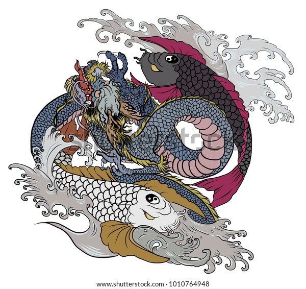 2匹の鯉の間で鳴く手描きの刺青の竜 龍と鯉の戦い 水跳び 落書き ズンタングル 鯉の輪になって泳ぐ姿は陰陽の象徴のよう のベクター画像素材 ロイヤリティフリー