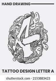 Hand drawn tattoo design with letter A and waves concept