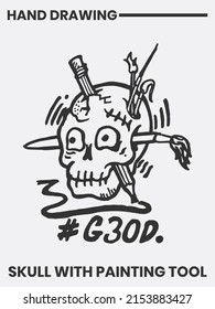 Hand drawn tattoo design with Skull concept filled with painting tools