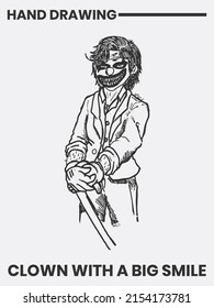 Hand drawn tattoo design smiling Clown with stick in hand