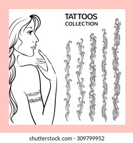 Hand drawn tattoo doodle borders collection. Girl shows how to use