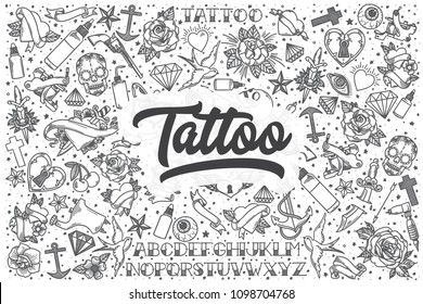 Hand Drawn Tattoo Doodle Set. Lettering - Tattoo