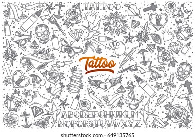 Hand drawn Tattoo doodle set background with orange lettering in vector