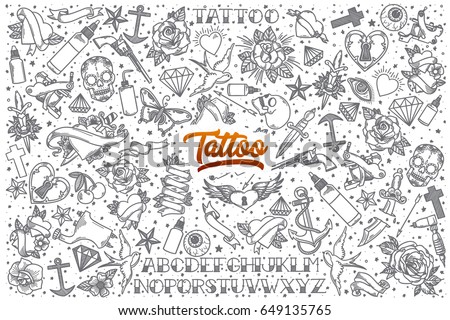 Hand drawn Tattoo doodle set background with orange lettering in vector
