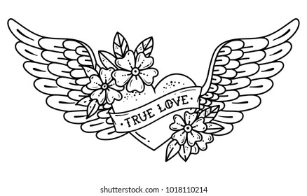 Hand drawn tattoo flying heart with wings. Tattoo heart with ribbon and flowers. Tattoo with phrase TRUE LOVE. Black and white illustration