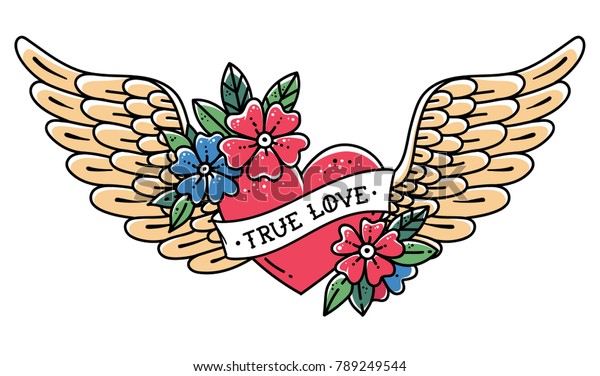Hand drawn tattoo\
flying heart with wings. Tattoo heart with ribbon and flowers.\
Tattoo with phrase TRUE\
LOVE.