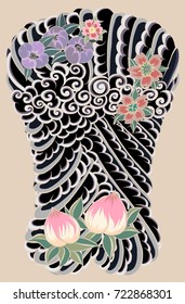 Hand drawn Tattoo full back body background.Japanese cloud with cherry blossom and peach vector.