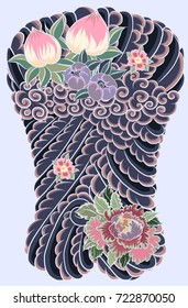 Hand drawn Tattoo full back body background.Japanese cloud with cherry blossom and peach vector.
