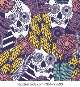  hand drawn tattoo mexican scull floral ornamental seamless pattern