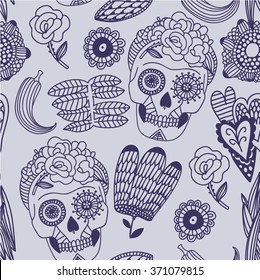 hand drawn tattoo mexican scull floral ornamental seamless pattern