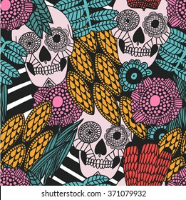 hand drawn tattoo mexican scull floral ornamental seamless pattern