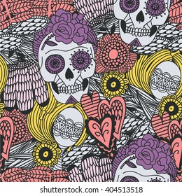 hand drawn tattoo mexican scull floral ornamental seamless pattern