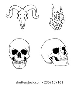 hand Drawn Tattoo Set,Human Skull, Hand, Animal Skull