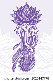 Hand drawn tattoo style Indian elephant with henna lotus pattern and feathers. Vector illustration