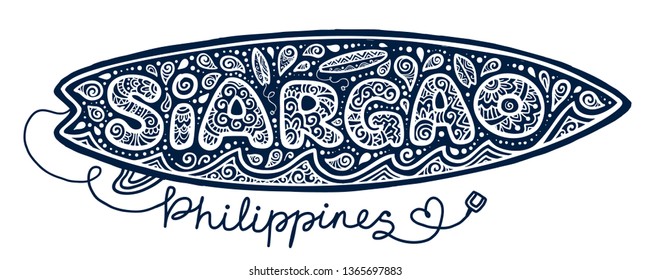 Hand drawn tattoo style surfboard with surfing elements at sign Siargao island  Philippines isolated on white background