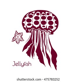 Hand drawn, tattoo stylized jellyfish. Marine life sketch zentangle design element for summer vacation vector illustration