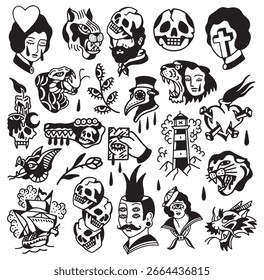 Conjunto de doodle de Vector de tatuaje dibujado a mano.