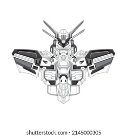 Tatuajes dibujados a mano concepto de ilustración de guerrero de gundam contorno en blanco y negro