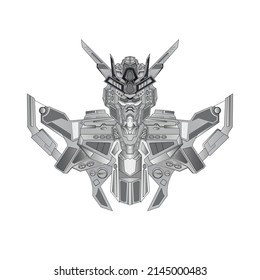Hand drawn tattoos black and white outline gundam warrior illustration concept