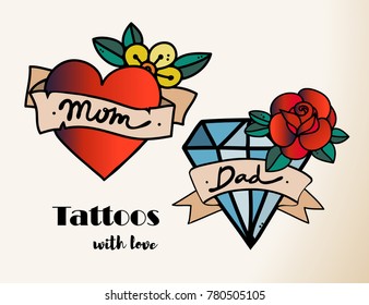 Hand drawn tattoos with love. Heart and diamond. Traditional style. Colored vector illustration