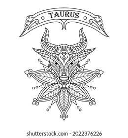 Hand drawn of Taurus in zentangle style