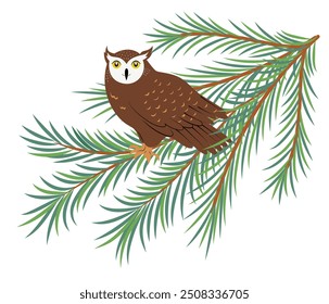 Hand drawn tawny horned owl sitting on spruce branch. Cute bird of prey resting on pine tree. Isolated vector illustration