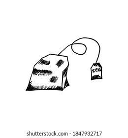 Hand drawn tea bag in doodle style with label. Vector. Illustration for coloring. International Tea Day.