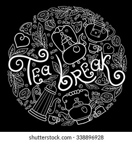 Hand drawn tea break collection, vector doodle set with teapots, glass, cupcake, decoration, tea, cup and sweets